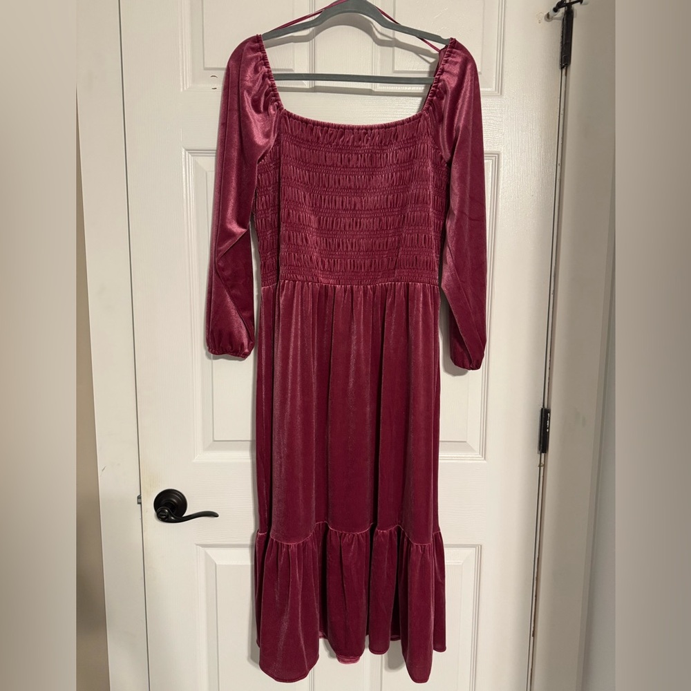 LC Lauren Conrad Wine Velvet Long Sleeve Smocked Midi Dress